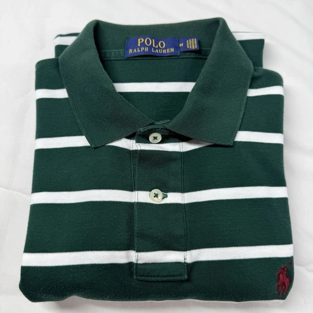 Polo Ralph Lauren Polo Shirt Mens M Green White Stripe Red Pony 100% Cotton Soft